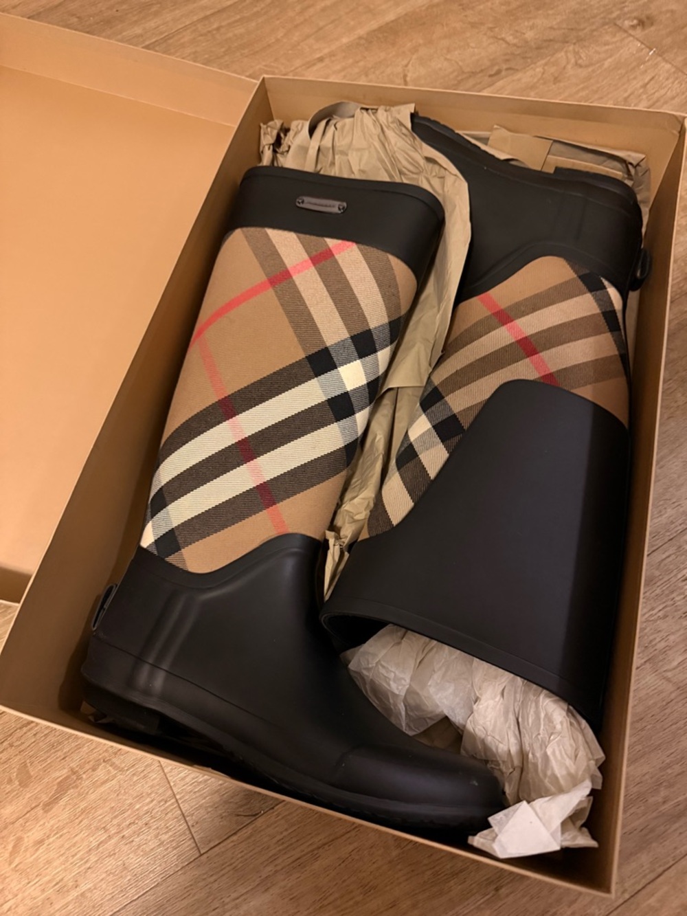 Burberry Black & Beige  Tall Rain Boots